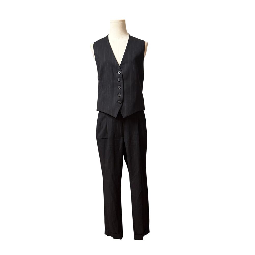 Nili Lotan Angelina Vest & Pant Set Black w/Thin Pinstripe Italian Wool - Size 4
